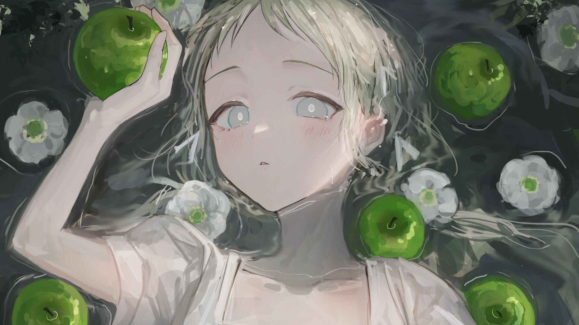 青りんごと白い花に囲まれた人物のイラスト